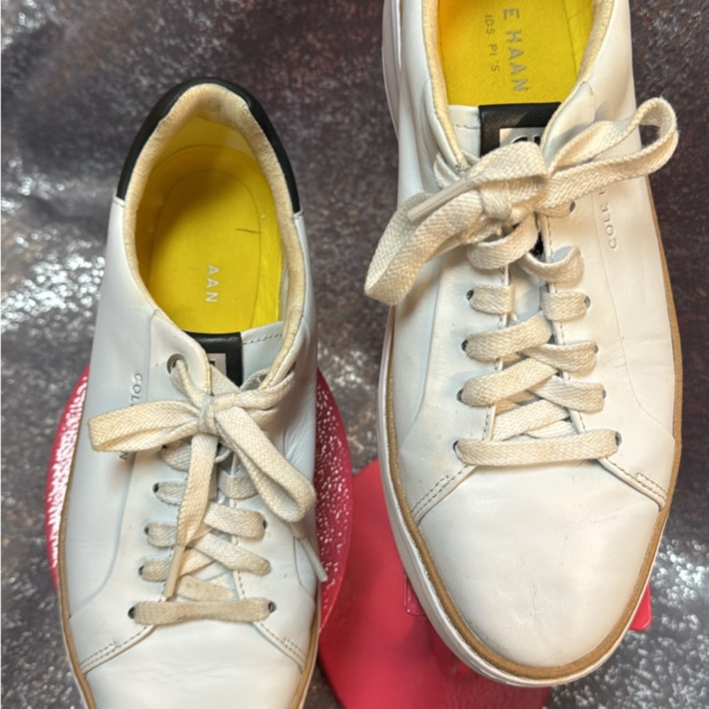 Cole Haan White Leather Low-Top Sneakers with Yellow Insole